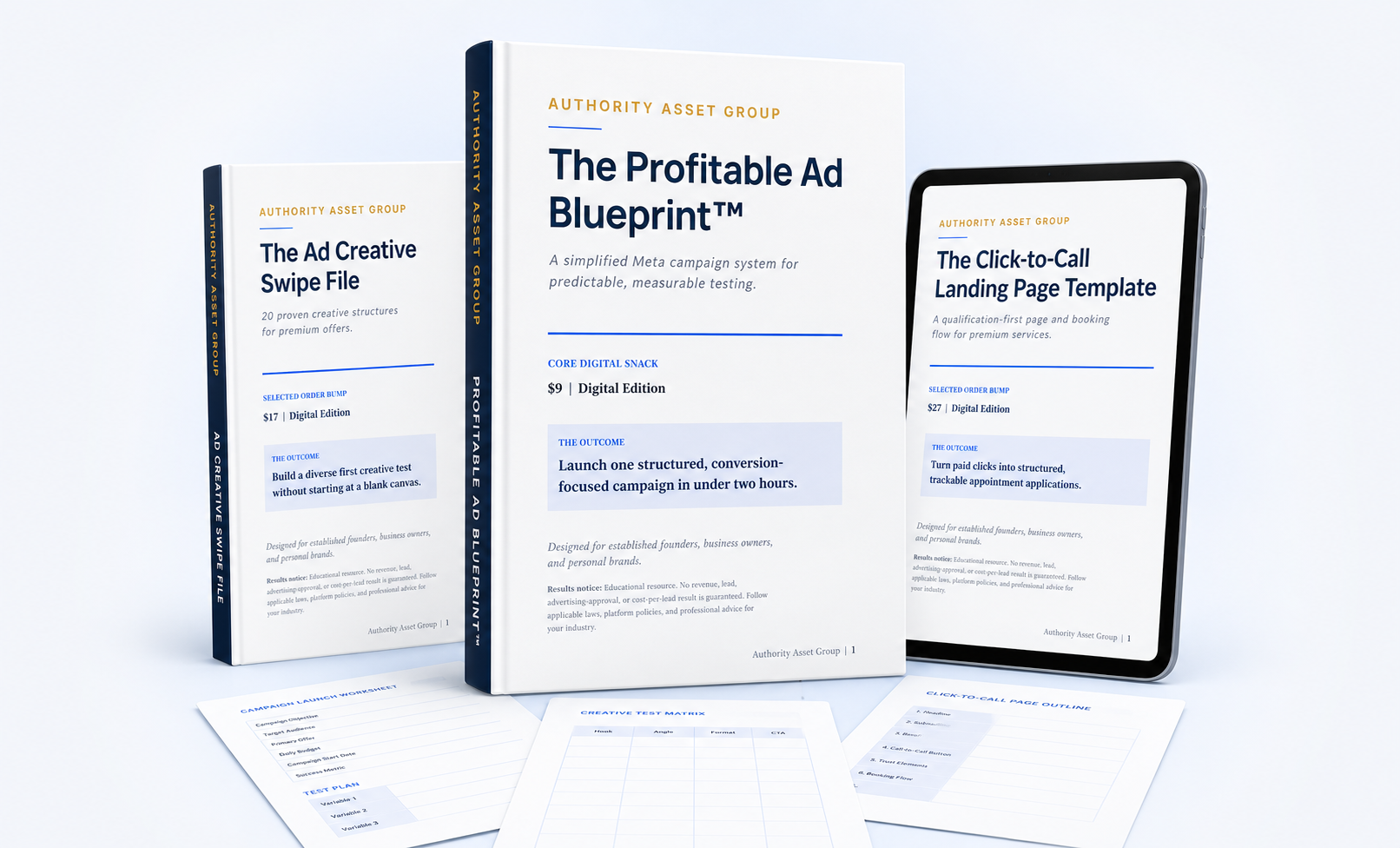 The Profitable Ad Blueprint digital product bundle with Ad Creative Swipe File and Click to Call Landing Page Template